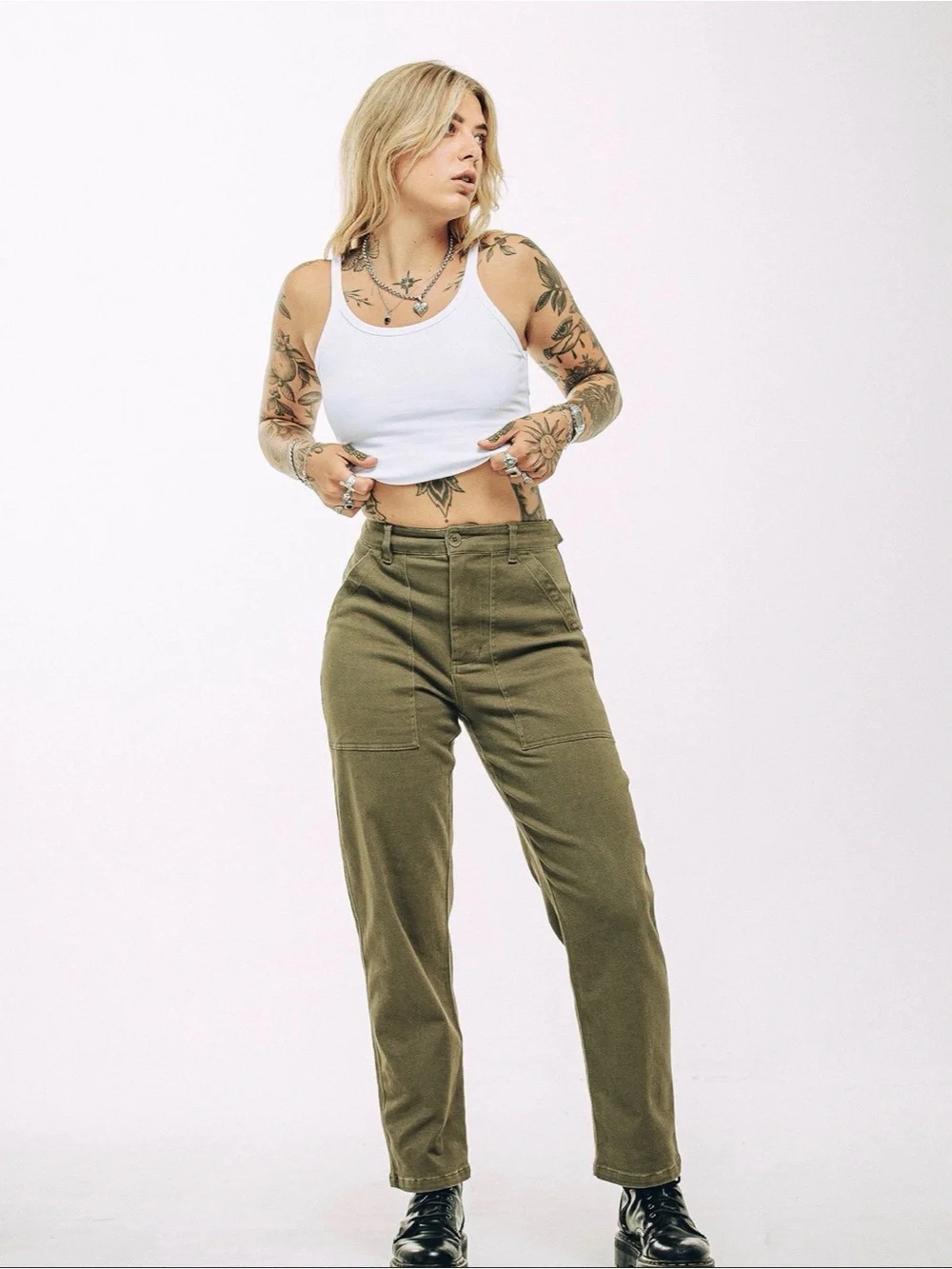 P&Co Service Fatigue High-Rise Pants in Olive Green Size 30 - Picture 3 of 9